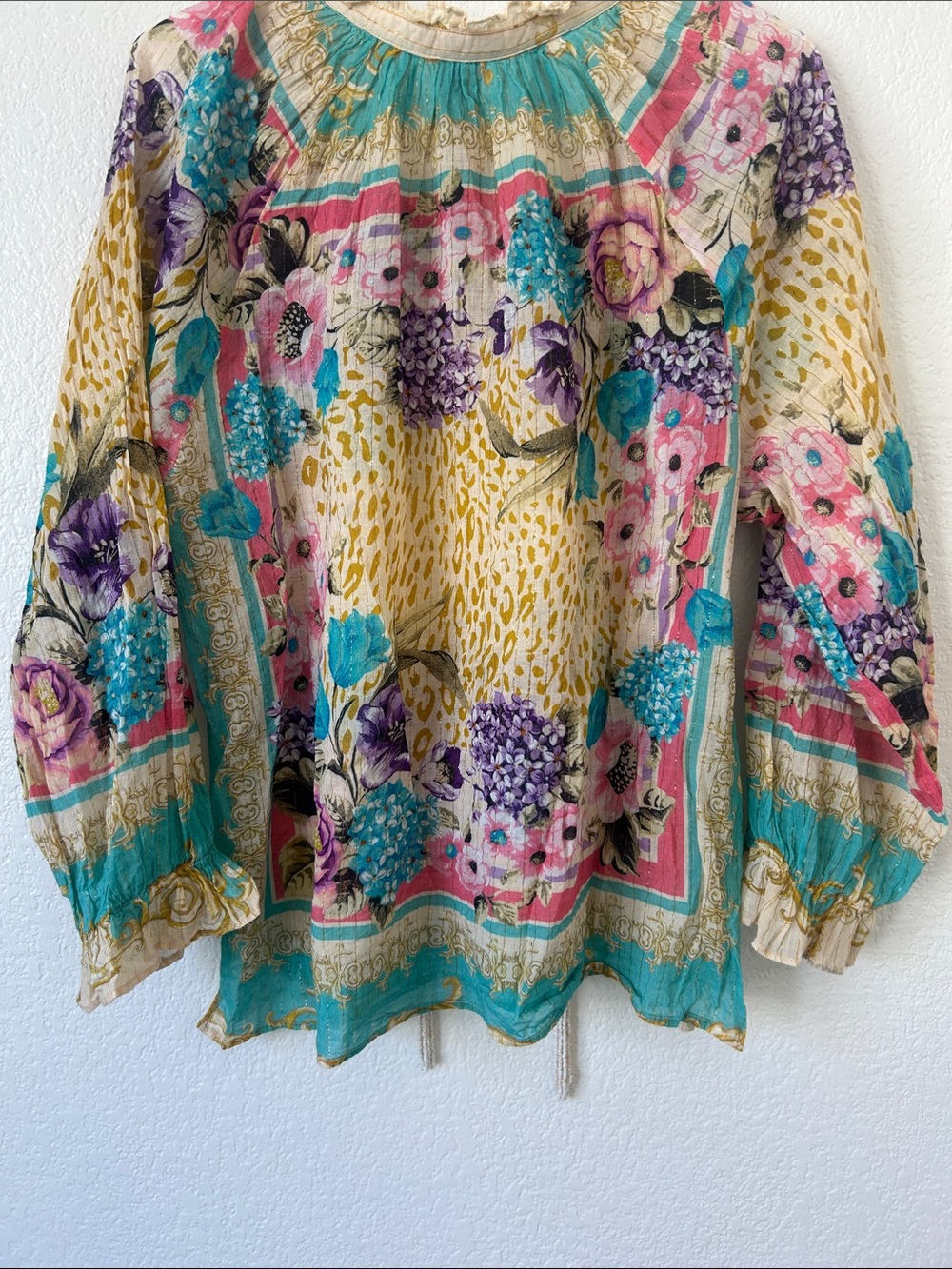 Boho Floral Patchwork Peasant Blouse in Teal, Yellow & Pink - Picture 11 of 11